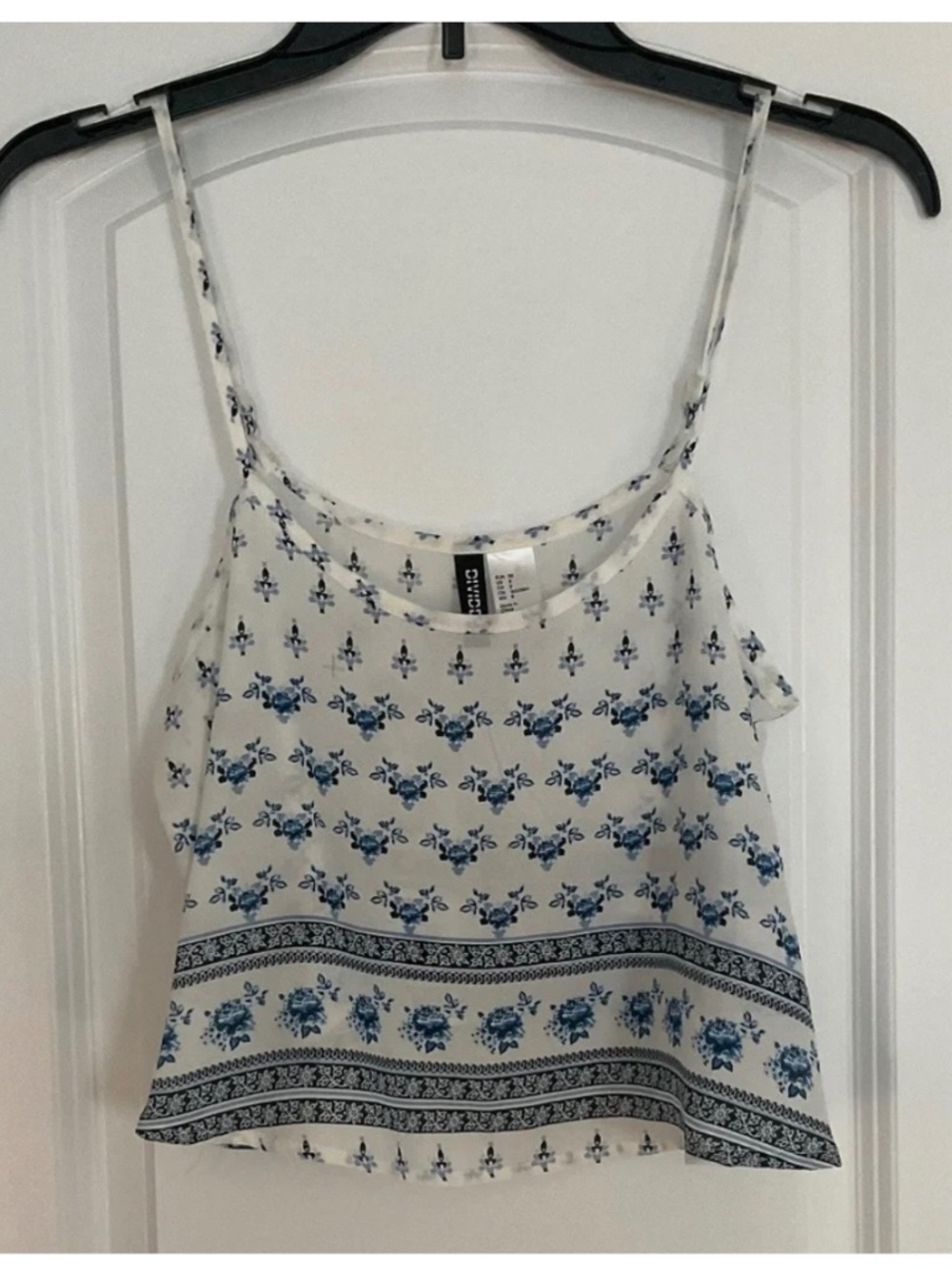 H&M Divided Women Floral Crop Top Size 8 Sheer White with Blue Flowers